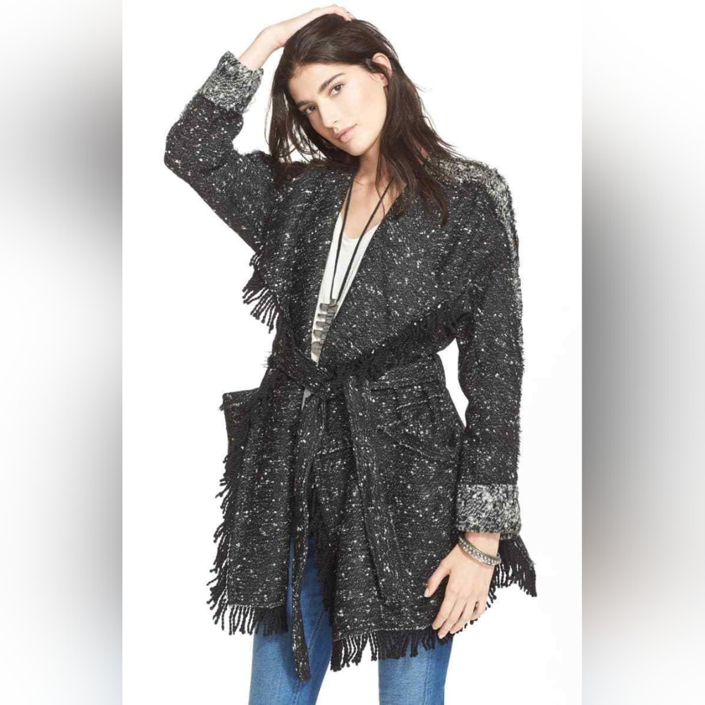 Free People Black and White Fringe Coat L